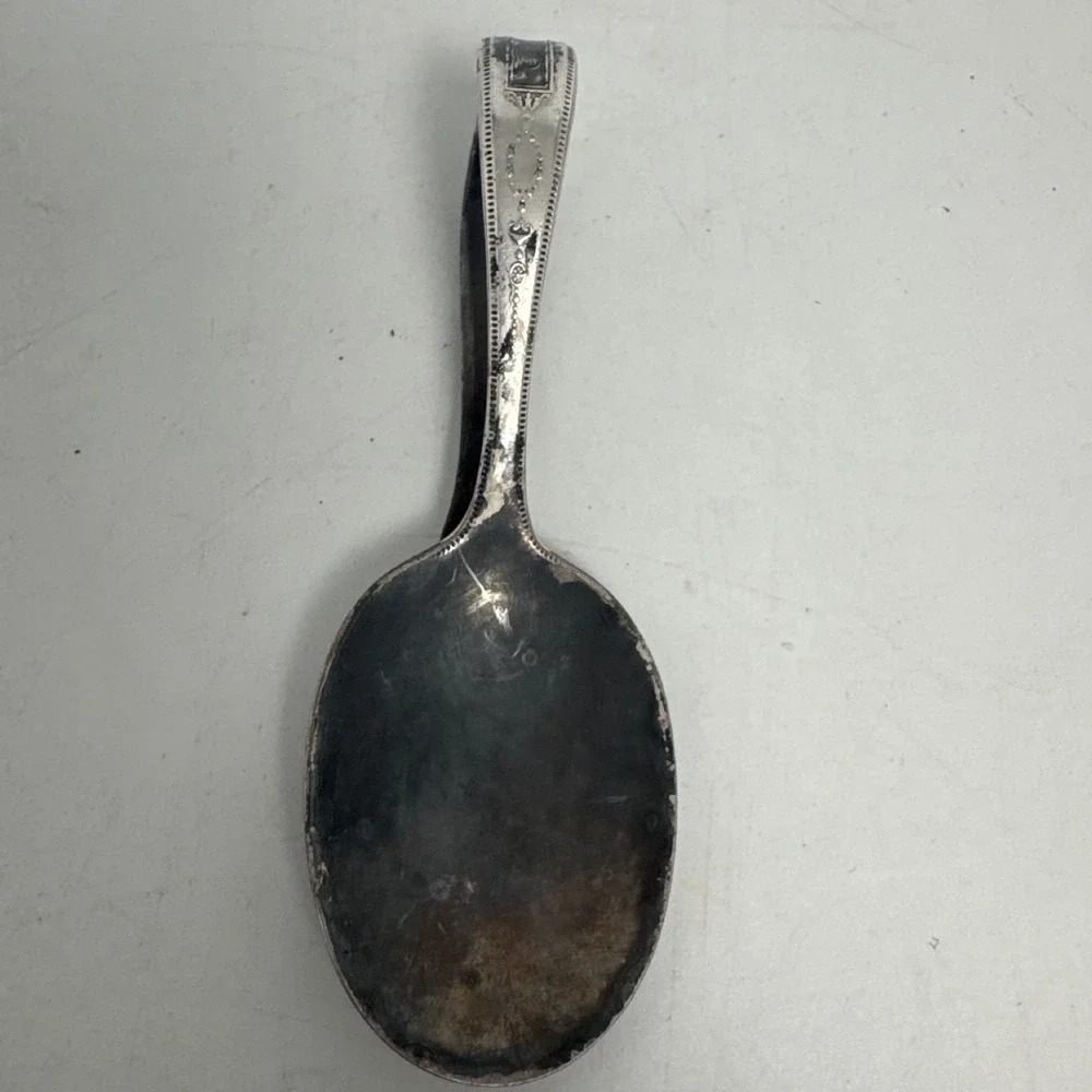 Vintage Antique Silver Plate Loop Handle Baby Spoon Ornate Engraved Fair 3.5in